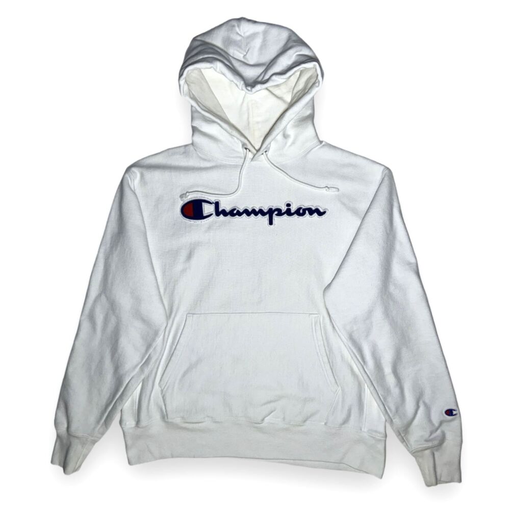 VTG Champion Premium Reverse Weave Hoodie Large White Heavyweight Streetwear